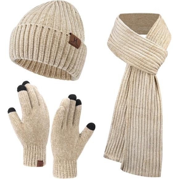 Womens Winter Knit Beanie + Long Scarf + Touch Screen Gloves Set main image 6